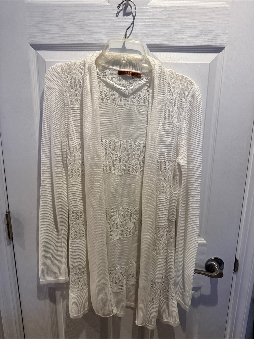 Belldini Off-White Open-Front Lace Knit Cardigan
